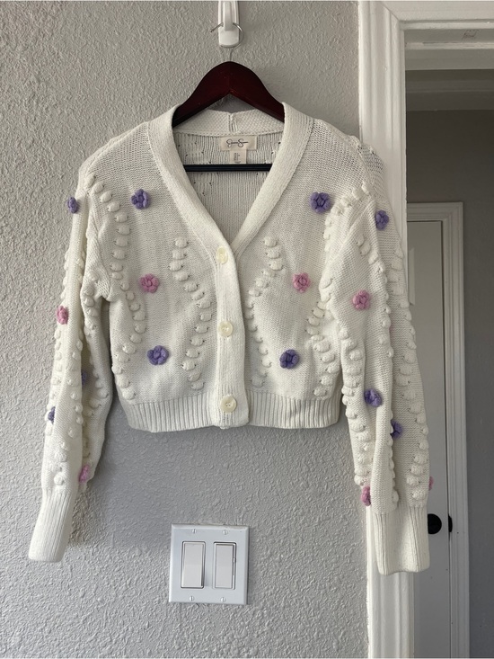 Jessica Simpson Sweaters - Jessica Simpson White Floral Bobble Knit Cropped Cardigan Sweater Size Small